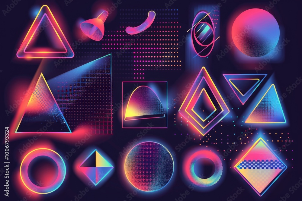 Poster Abstract design featuring neon shapes on a dark backdrop, ideal for use in futuristic or technological concept art