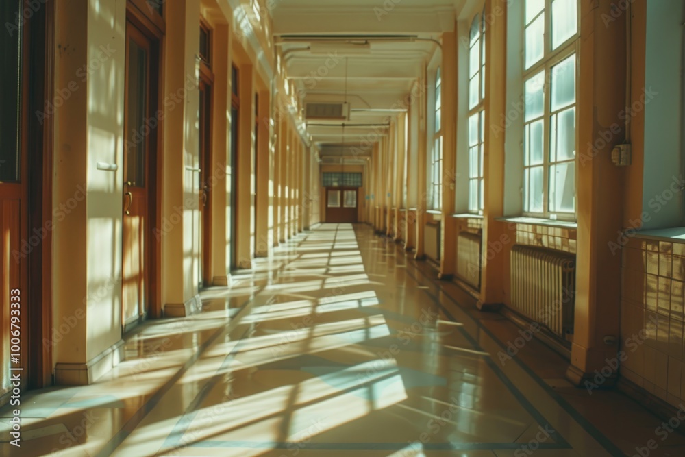 Poster a long hallway with many windows and a clock on the wall