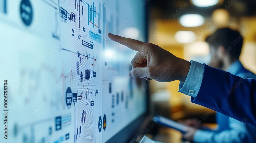 Poster senior engineer pointing at diagram with junior taking notes