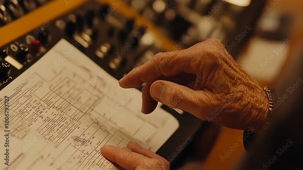 Poster senior engineer pointing at diagram with junior taking notes