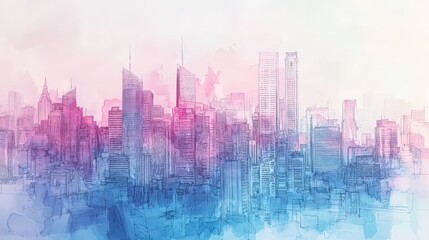 Obraz premium Urban Symphony - Detailed Ink and Watercolor Sketch of Modern Cityscape with Cinematic Lighting and Minimalist Abstraction\