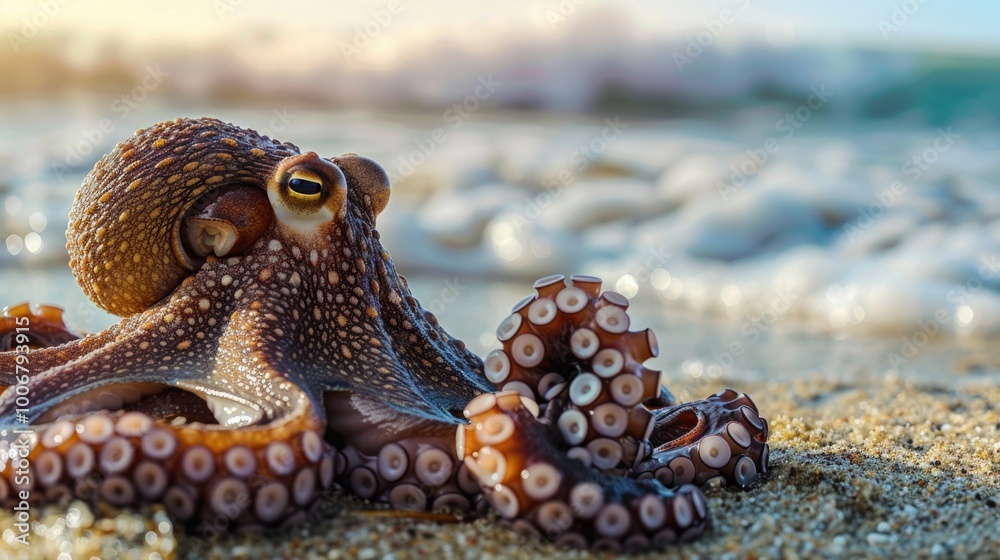 Poster a close-up shot of an octopus on a beach, perfect for using in illustrations or as a symbol