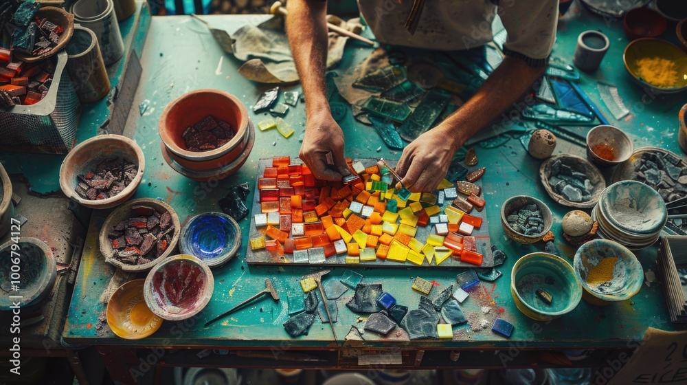 Poster a person creates a mosaic on a table