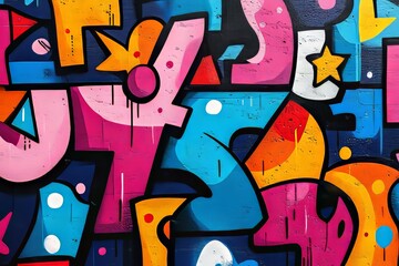 Fototapeta premium This street art combines vibrant colors, bold patterns, and playful shapes, creating an energetic urban visual statement.