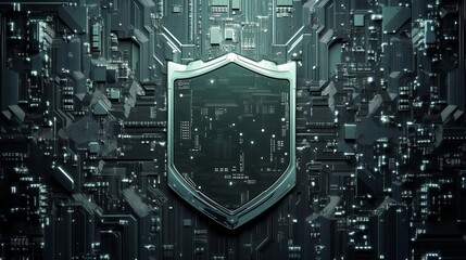 An intricate circuit board with a shield design accentuating digital defense and technology innovation concepts.