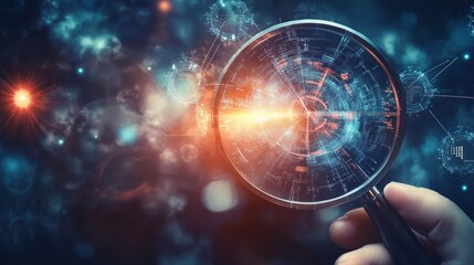 A detailed image of a magnifying glass inspecting a digital circuit, highlighting technology analysis and discovery themes.