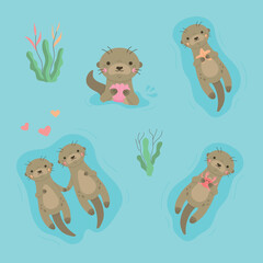 Cute otters vector illustration set. Baby otter animals, couple or family floating on water, animal characters isolated on blue background.