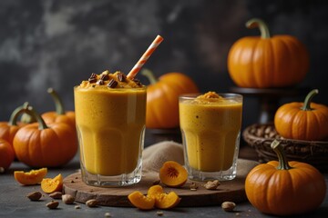 Pumpkin and orange spiced fall cocktail with cinnamon. A healthy, organic, Halloween-themed smoothie and cocktail