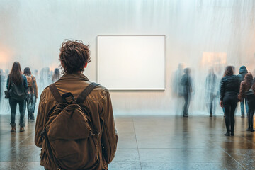 Homme de dos debout devant une toile blanche dans un mus&eacute;e