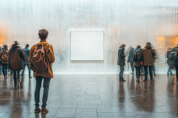 Homme de dos debout devant une toile blanche dans un mus&eacute;e