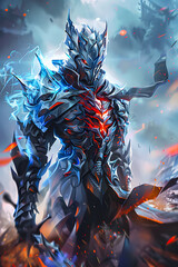 Fototapeta premium Epic 3D illustration of a powerful armored knight engulfed in blue and red flames, radiating fierce energy and standing amidst a storm of fire and ice. Wallpaper for mobile phone