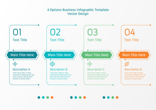 4 options business infographic template, theme of line with long hexagon shape, also with number and text frame