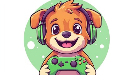 Fototapeta premium Cute cartoon dog wearing headphones and holding a video game controller.