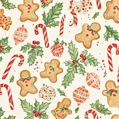 Fototapeta premium Festive Christmas Pattern with Candy Canes and Gingerbread Cookies on White Background.