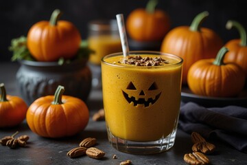 Pumpkin and orange spiced fall cocktail with cinnamon. A healthy, organic, Halloween-themed smoothie and cocktail