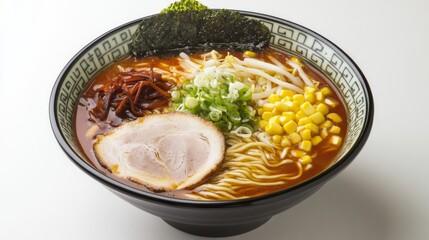 An artistic arrangement of ramen with various toppings, such as corn, bamboo shoots, and scallions, served in a traditional Japanese bowl, emphasizing the dish's visual appeal.