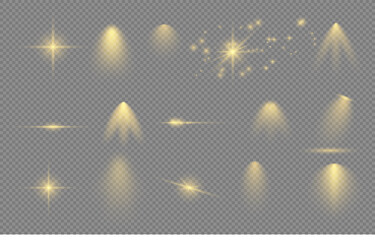 Realistic light on a transparent background, stars, spotlight glow, vector illustration