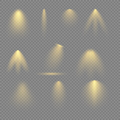 Realistic light on transparent background, golden light effect, spotlight, vector illustration