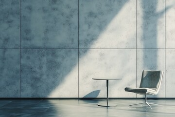 a fragment of an empty modern wall, a table and a chair against the wall, waiting room, 