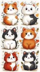 Adorable cartoon cats in various color combinations sitting in a floral setting.