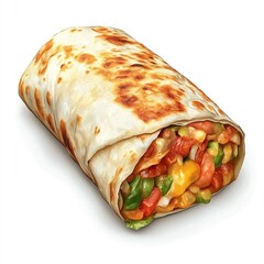 Delicious burrito filled with colorful veggies on a white isolated background.
