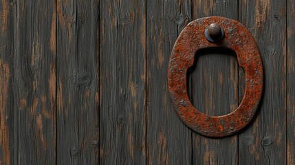 Rusty door knocker on weathered wooden surface, detailed texture.