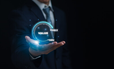 Businessman showing value added graph with virtual screen on hand, concept of value added and...
