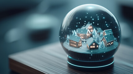 Fototapeta premium Snow globe with a 3D holographic winter village, placed on a high-tech wooden surface, glowing digital elements, sleek copy space to the left, futuristic hologram style