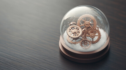 Naklejka premium Steampunk-inspired snow globe with mechanical gears inside, on a dark walnut table, metallic textures, soft sepia copy space on the left