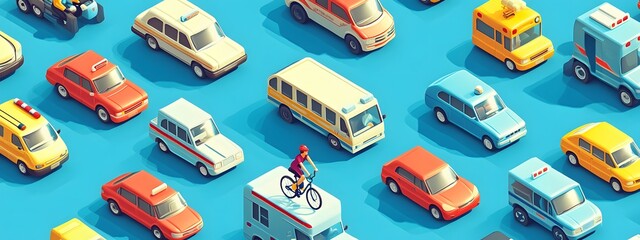 Naklejka premium A vector illustration of various vehicles such as cars, ambulances, and police trucks on the street. The background is light blue with a simple design