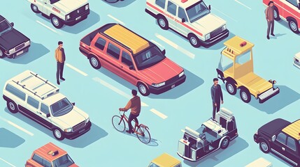 Naklejka premium A vector illustration of various vehicles such as cars, ambulances, and police trucks on the street. The background is light blue with a simple design