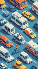 Naklejka premium A vector illustration of various vehicles such as cars, ambulances, and police trucks on the street. The background is light blue with a simple design