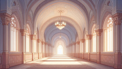 Obraz premium Mystical Castle Corridor with Soft Glowing Lights for Fantasy Visual Novel 