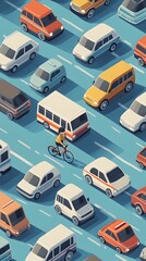 A vector illustration of various vehicles such as cars, ambulances, and police trucks on the street. The background is light blue with a simple design