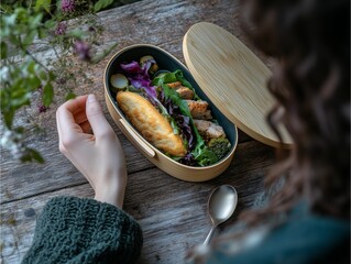 A top down view of a Japanese bento lunchbox, perfect for a fresh and healthy meal