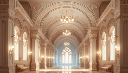 Fototapeta premium Enchanted Castle Hallway with Grand Arches and Soft Glow for Visual Novel 