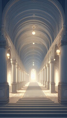 Fototapeta premium Enchanted Castle Hallway with Grand Arches and Soft Glow for Visual Novel 