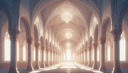 Obraz premium Enchanted Castle Hallway with Grand Arches and Soft Glow for Visual Novel 