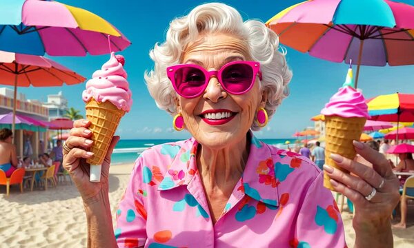 Amidst colorful umbrellas, an exuberant grandmother shares her love for ice cream, savoring each joyful scoop on a sunny beach day. Laughter and warmth fill the air