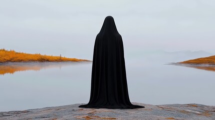 Silhouetted figure in black cloak near serene lake, misty landscape.