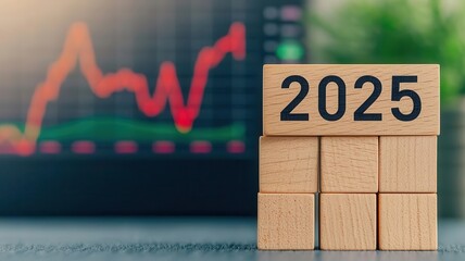 Wooden blocks with number 2025 on a desk with financial graphs in background.