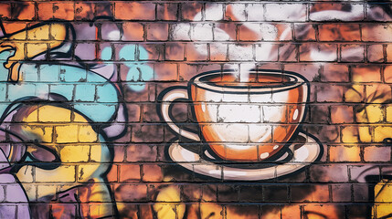 Pop art comic street graffiti with hot coffee on brick wall.