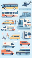 A vector illustration of various vehicles such as cars, ambulances, and police trucks on the street. The background is light blue with a simple design