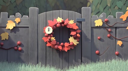 A charming wooden gate adorned with a colorful fall wreath.