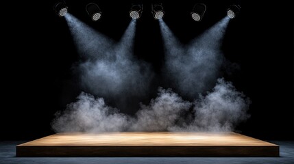 Stage with theatrical lights and smoke effects on a dark background.