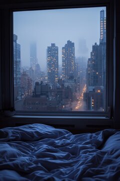 Fototapeta The view from the window of an apartment in New York City, where you can see buildings and skyscrapers at night, the city lights shine through them