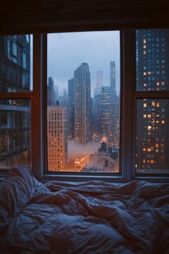 Fototapeta The view from the window of an apartment in New York City, where you can see buildings and skyscrapers at night, the city lights shine through them