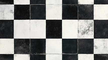 A bold checkerboard pattern with alternating black and white squares, featuring a subtle crosshatch texture.