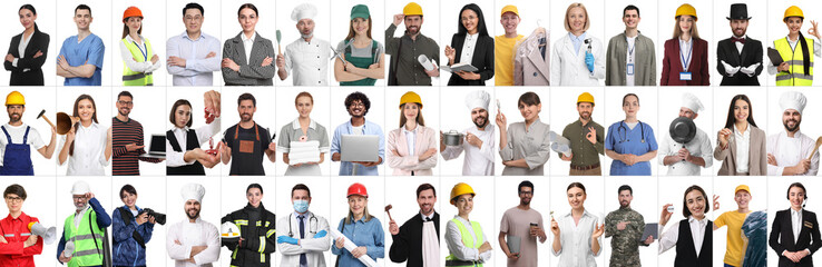 People of different professions on white background, collage