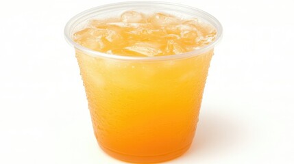 A cold iced tea in a plastic take-away cup with condensation on the outside, isolated on a clean white background for a refreshing, on-the-go vibe.